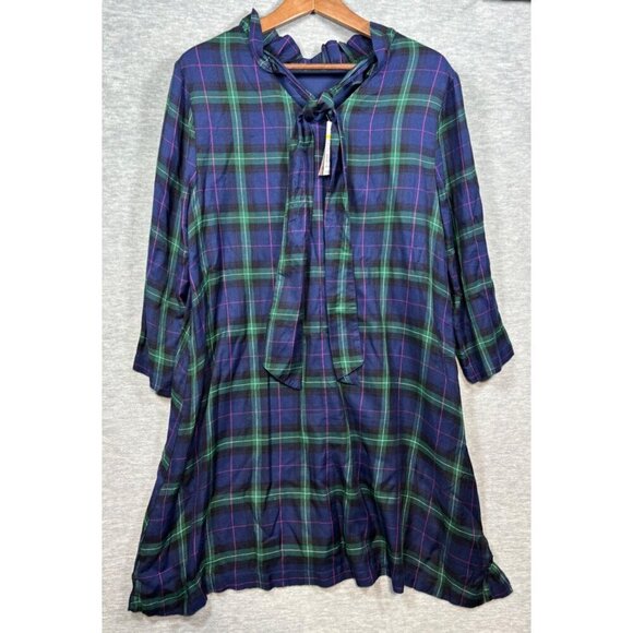 Crown & Ivy Navy Plaid Tie Back Neck Dress Ruffle Size L - Picture 3 of 6